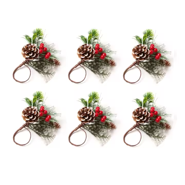 Anillos de Servilletas de Navidad y Accesorio de Mesa para 6 Piezas con Diseño de Brotes de Pino y Bayas en Estilo Rústico y Granja Material Plástico - 1