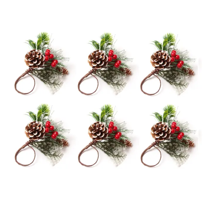 Anillos de Servilletas de Navidad y Accesorio de Mesa para 6 Piezas con Diseño de Brotes de Pino y Bayas en Estilo Rústico y Granja Material Plástico - 1