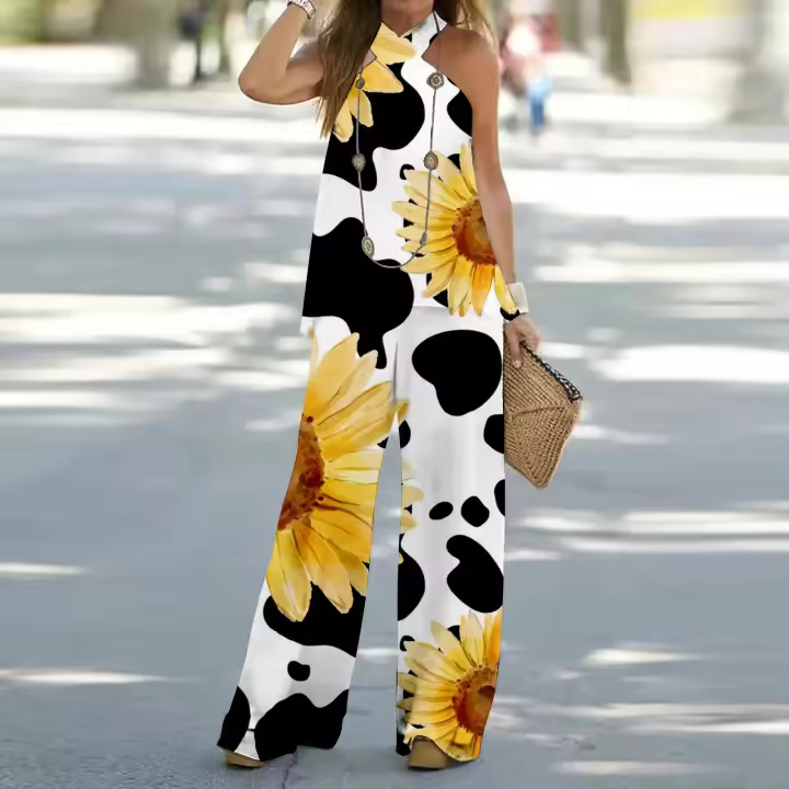 Conjunto de dos piezas para mujer, top sin mangas, pantalones sueltos, moda de oficina - 1