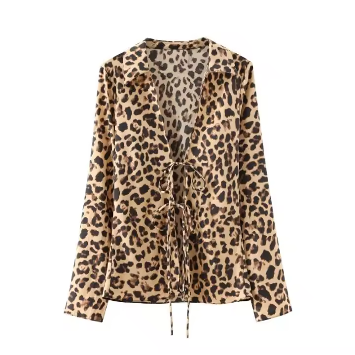 BUNO-Camisa con cordones y lazo con cuello en V, camisas de gasa con solapa de manga larga y textura satinada de seda, blusa holgada informal a la moda, cárdigan, Top para mujer - 1