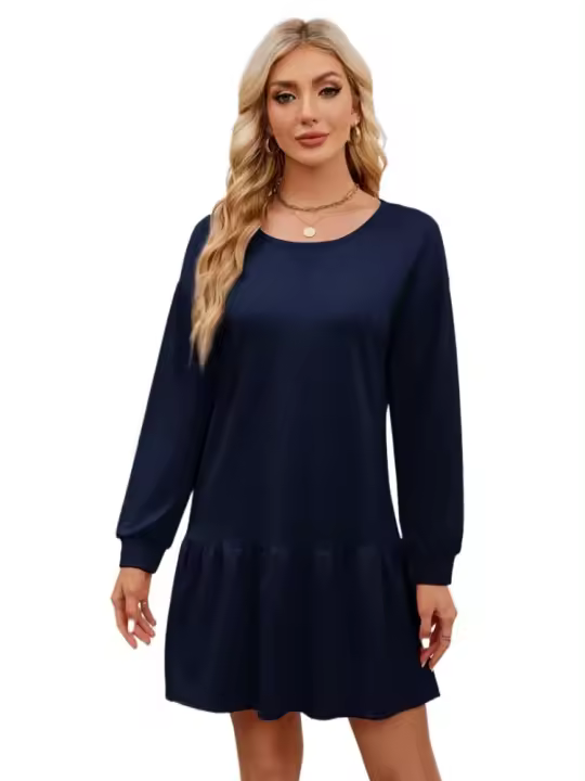Color sólido mujer manga larga Mini cuello redondo vestido elástico grueso vestidos cortos para mujeres moda elegante Chic en venta liquidación X - 1