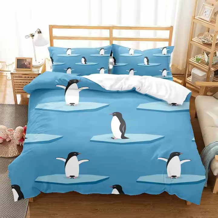 Juego de Funda de Almohada de Pingüino de Dibujos Animados Cubierta de Edredón de Animación Antártica de Poliéster Tamaño Rey y Reina Ropa de Cama y Baño - 1