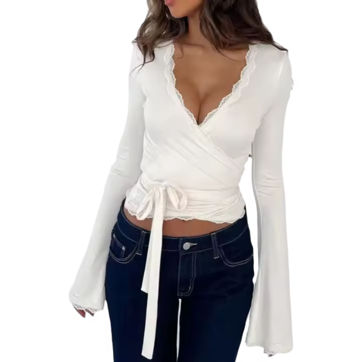 Top de Ballet Cruzado para Mujer Y2K Manga Larga, Cuello en V, Entrenamiento, Camisetas para Yoga, Top Adelgazante con Lazo Frontal - 1
