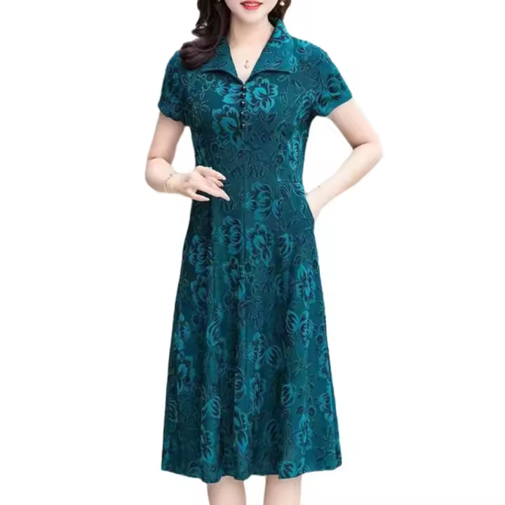 Vestido Maxi de Verano con Estampado Floral Cuello en Rabo, Manga Corta, Longitud de Rodilla para Damas - 1