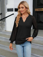 Camiseta holgada de manga larga para mujer, blusa informal de Color liso con costura de encaje y cuello en V, moda de primavera y otoño, 2023 - details 4