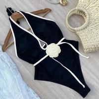 Traje de baño de una pieza liso con flores en 3D, traje de baño negro/blanco para mujer, traje de baño sexy con cuello en V profundo, traje de baño sin espalda para mujer - details 3