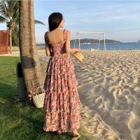 Vestido de vacaciones plisado elástico con estampado de flores de primavera y verano, falda rosa, vestido de playa con tirantes, vestido de isla - details 4