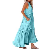 Vestido De Camisola Para Mujer Estilo Europeo Y Americano Verano Nuevo Con Aros Largo Y Volante Sin Mangas Cuello En V Vestido Largo - details 5