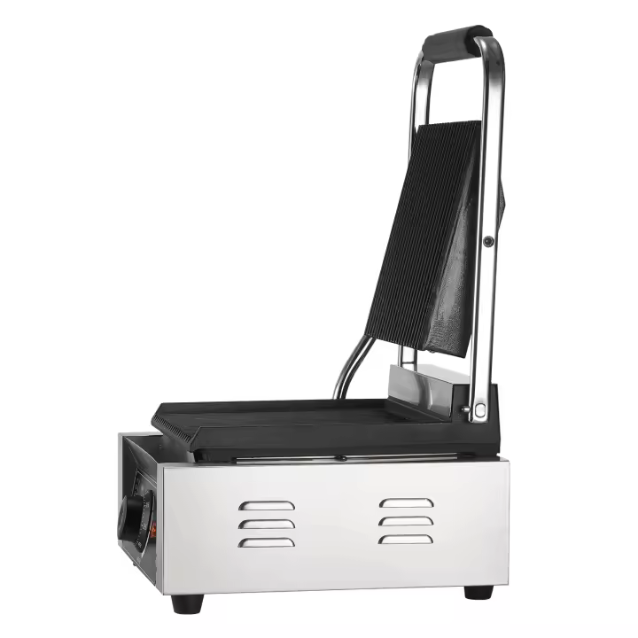 SucceBuy Parrilla Panini Comercial, Prensa Eléctrica para Sándwiches, Acero Inoxidable con Control de Temperatura y Placa Esmaltada Ranurada para Hamburguesas, Filetes y Tocino - 1