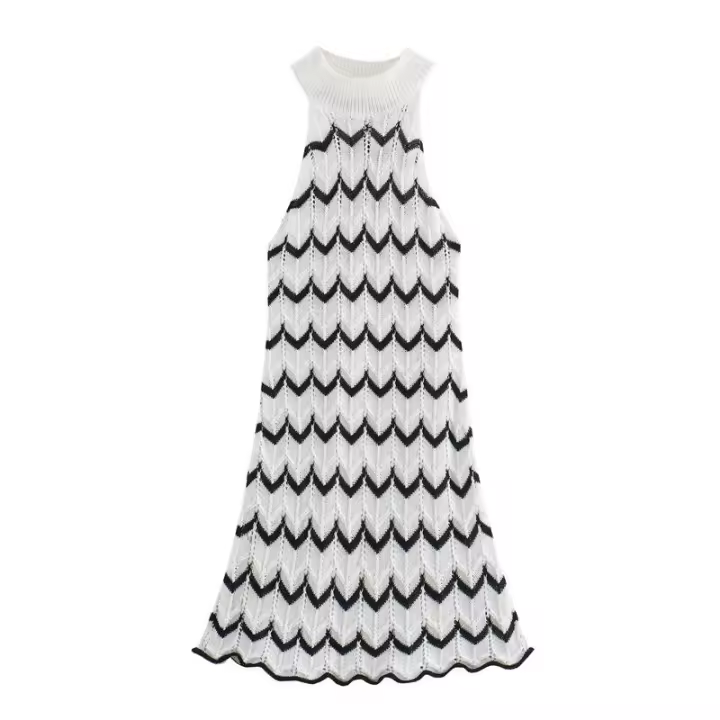 BUNO-Verano estilo europeo y americano mujer Casual rayas cuello alto sin mangas tejido chaleco vestido temperamento falda ajustada - 1