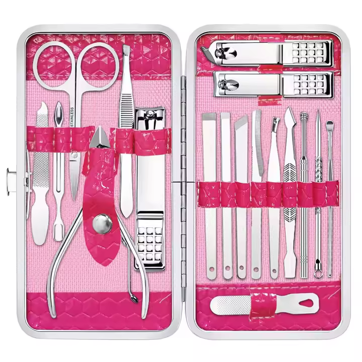 Kit de manicura de acero inoxidable para hombre y mujer, Set de aseo con estuche de viaje, 18 piezas, color rosa - 1