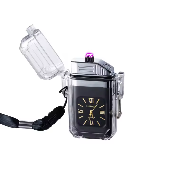 Encendedor de Cigarrillos Recargable Vaper Transparente Mejorado Resistente al Agua con Reloj de Cuarzo Pulso USB de Doble Arco Regalo Encendedor Eléctrico USB - 1