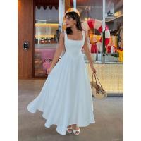 Primavera y verano nuevo vestido halter sin mangas con cuello cuadrado de color sólido - details 32