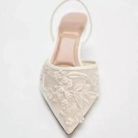 Malla Bordado Marca Sandalias Señoras Finas Cuentas Tacones Finos Mule Zapatos Puntiagudos Dedo Abierto Talón Zapatillas Señoras - details 3
