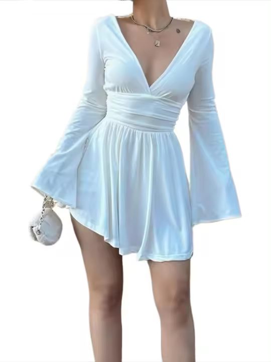 Elegante Vestido Mini para Mujer de Color Sólido Cintura Ajustada, Manga Larga, Estilo Kpop Y2k - 1