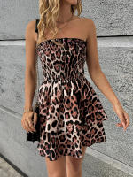 Vestido informal con gradas para mujer, falda de tubo halter sin mangas con estampado de leopardo, estilo festivo, color café - details 2