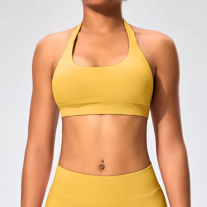 Sujetador deportivo de estilo europeo y americano con cuello halter, alta elasticidad, nailon mate, gran espalda abierta, top de yoga para mujer - 1