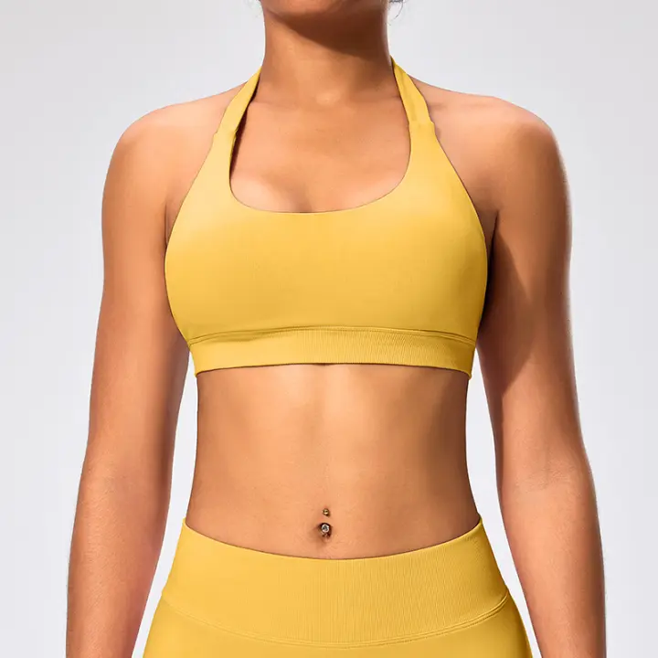 Sujetador deportivo de estilo europeo y americano con cuello halter, alta elasticidad, nailon mate, gran espalda abierta, top de yoga para mujer - 1