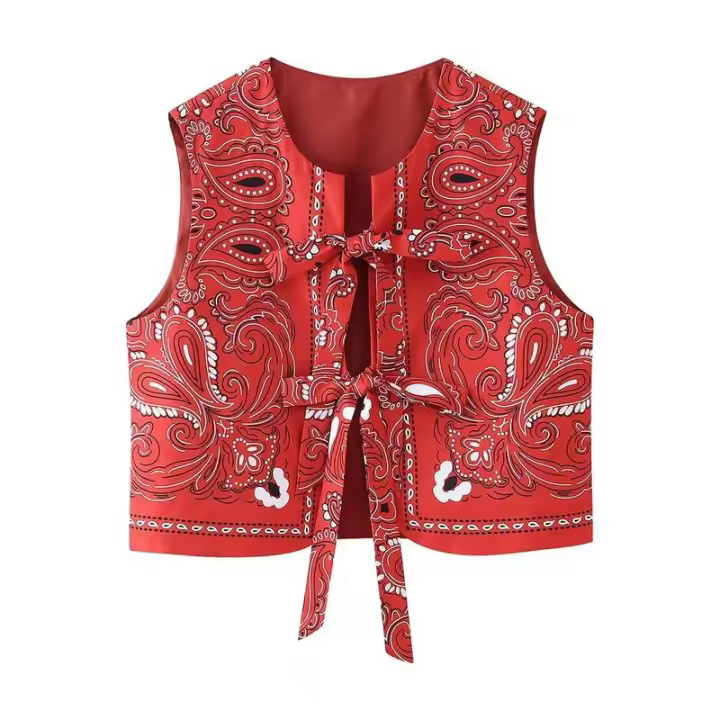 BUNO-2025 mujeres estilo nacional anacardos estampado arco atado chaleco corto chaqueta señoras Retro Casual Cardigan chaleco Top - 1