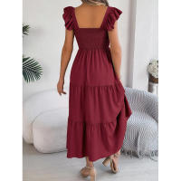 Elegante vestido largo de verano para mujer en color liso con escote cuadrado y aros decorativos, sin mangas, corte ajustado. - details 21