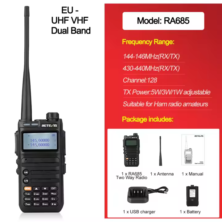 Radio de Paseo Retevis RA685 Carga USB Tipo C Alcance de 1KM-3KM No Impermeable Banda Doble UHF VHF - 1