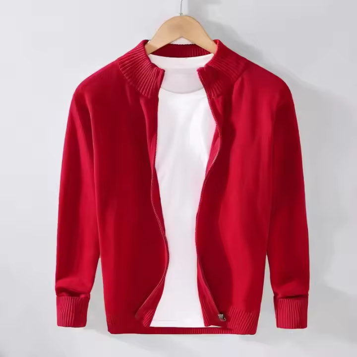 Suéter de cuello alto para hombre con cremallera, cárdigan de moda multifuncional informal retro, color sólido de invierno - 1