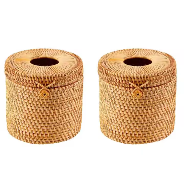 Caja de pañuelos de ratán con tapa, cubierta de papel higiénico, soportes decorativos de mimbre con tapa para almacenamiento, Rollo individual y pañuelos, 2 piezas - 1