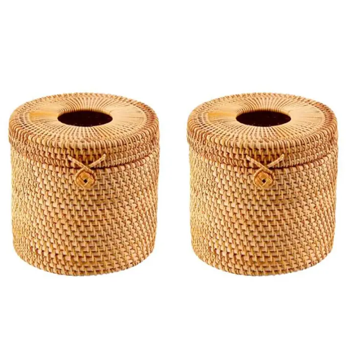 Caja de pañuelos de ratán con tapa, cubierta de papel higiénico, soportes decorativos de mimbre con tapa para almacenamiento, Rollo individual y pañuelos, 2 piezas - 1
