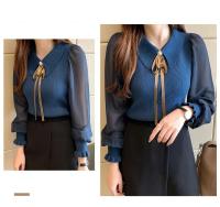 2025 otoño mujer gasa Patchwork suéter manga linterna cuello vuelto jersey con botones mujer Oficina señora suéter invierno - details 11