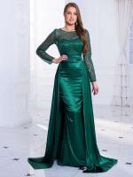 Vestido de noche de lentejuelas de manga larga, vestido de cuello redondo, vestido de satén verde y dorado desmontable - details 6
