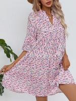 Vestido corto informal con estampado Floral para mujer, minivestido bohemio con manga de loto y cuello en V, color rosa - details 4