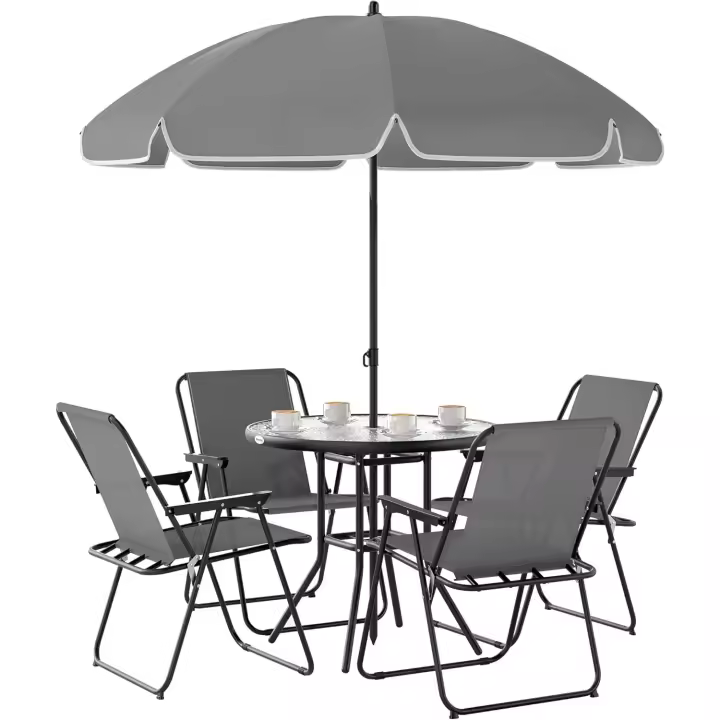 6 Piezas Muebles de Jardín Exterior con 4 Sillas Plegables Mesa de Vidrio y Sombrilla para Terraza Patio Gris - 1