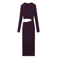 TRAFZA 2024 Mujer primavera sólido cuello redondo manga larga elasticidad vestido ajustado Mujer textura Crop Hollow Midi vestidos Mujer - details 3