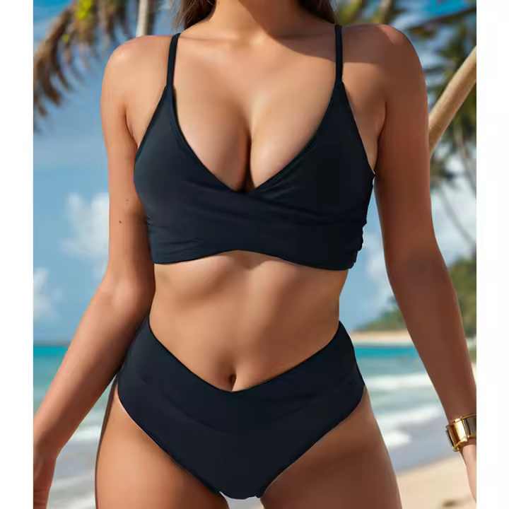 Conjunto de bikini con parte delantera torcida para mujer, top de natación informal con cuello en V y tirantes finos y parte inferior de natación fruncida, traje de baño de verano para mujer para vacaciones en la playa - 1