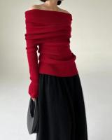 Otoño Invierno fuera del hombro mujeres suéteres elegante Vintage tejido sólido jersey alto elástico Top suave Chic jerseys 2025 - details 0