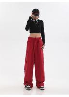 Pantalones de chándal rojos holgados informales de pierna ancha para mujer, ropa de calle de cintura alta, pantalones Cargo, pantalones Hippie para correr, ropa de primavera 2024 - details 10