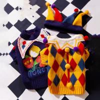 Suéter de payaso para mascotas con bordado de rosas, suéter a cuadros cálido y cómodo para perros, gorro de punto para mascotas, jersey de punto suave para perros - details 5