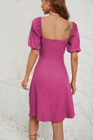NOVEDAD DE VERANO 2025, vestido de manga de burbuja con cuello cuadrado de Color sólido para mujer - details 0