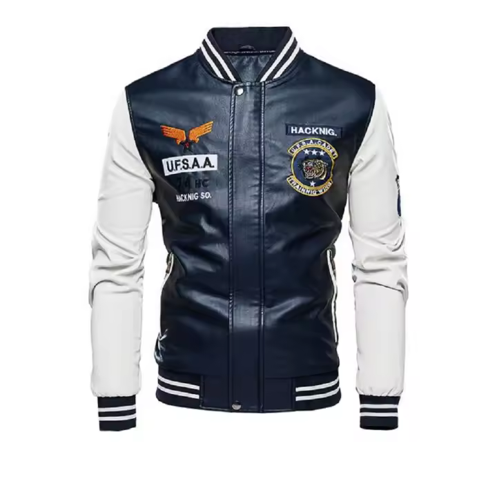 Chaqueta de béisbol de moda, Ropa de cuero para motocicleta, azul oscuro con mangas blancas - 1