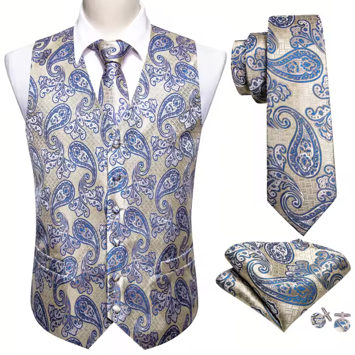 Chaleco ajustado, corbata, bolsillo, gemelos cuadrados, chaleco de seda para hombre, conjunto de corbata para traje, vestido, chalecos florales de cachemira de boda, regalo - 1