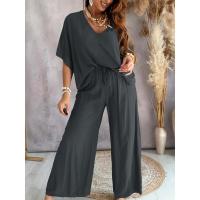 Conjunto de pantalones de pierna ancha holgados informales con manga de murciélago y cuello de 2025V para mujer - details 5