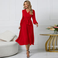 Vestidos largos informales para mujer, cuello en V, manga larga, cintura alta, Maxi, diario, rojo S - details 5