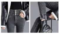 Pantalones vaqueros térmicos de lana gruesa para mujer, Vaqueros ajustados cálidos de cintura alta, pantalones pitillo con botones elásticos, pantalones vaqueros informales de terciopelo para mamá - details 36