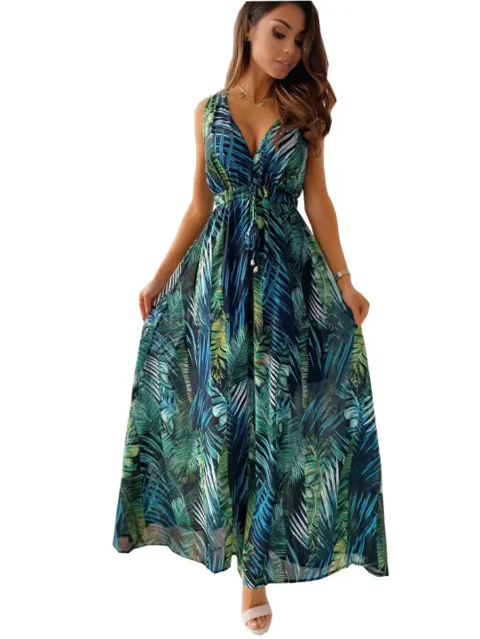Vestido largo sin mangas para mujer, ropa estampada vintage, cuello en V, elegante, adecuado para fiestas en la playa - 1