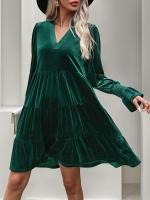Otoño e Invierno suelto Color sólido con cuello en V vestidos de manga larga para mujer nuevo en elegante Retro Casual Midi vestido femenino - details 4