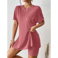 Conjunto de Dos Piezas Cómodo de Color Sólido Manga de Bato, Cuello Redondo, Shorts Ajustados para Mujeres - details 22