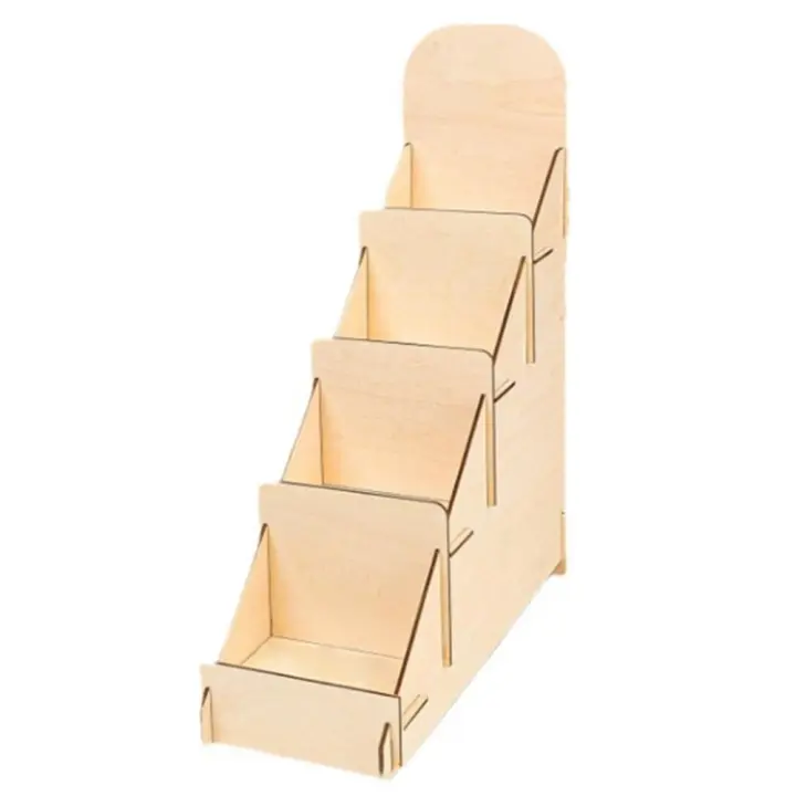 Soporte de exhibición de tarjetas de felicitación de madera de 4 niveles, estante de exhibición de fotos de folletos DIY desmontable, estante decorativo para ahorrar espacio - 1