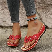 Women Flower Wedge Flip Flops Solid Color Non-slip Arch Support Slides Shoes Casual Outdoor Slippers - details 6