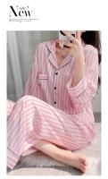 Conjunto de pijama para mujer, pijama de manga larga de satén de seda sintética a rayas estampadas de 2 piezas, decoración del hogar para primavera y otoño - details 5