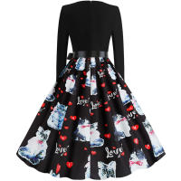 Women plaid print long sleeve vintage a line party dress v neck - details 111